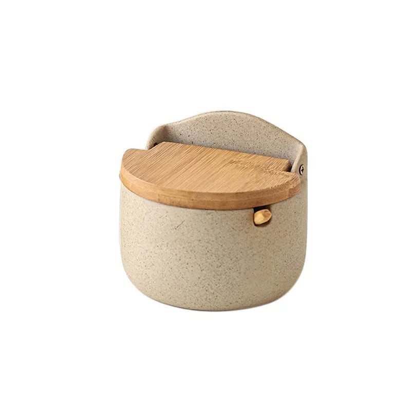 Japanese Style Ceramic Seasoning Jar Bamboo Lid Spice Jar with Spoon Kitchen Sugar Salt Spices Storage Box Household Container