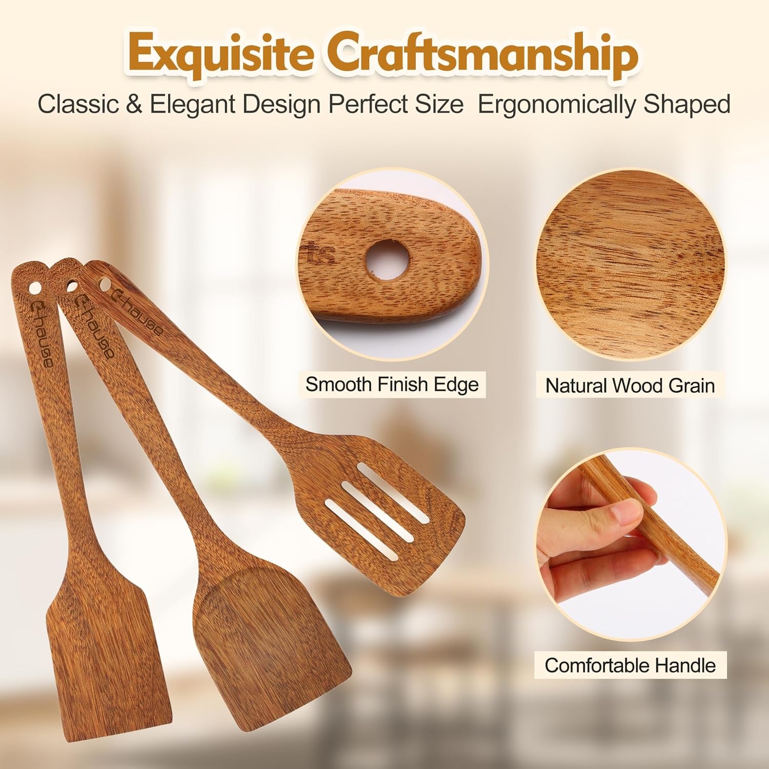 3Pcs Wood Spatulas Set Natural Wood Cooking Spoon Wooden Solid Turner Non-Stick Slotted Kitchen Utensils Wooden Spoons for Cooking Heat Resistant Non-Scratch Spoon Set