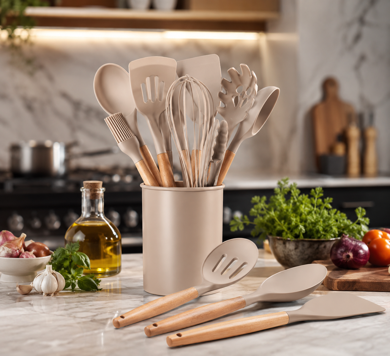 Premium 12PCS Silicone Kitchen Utensil Set with Wooden Handles – Heat Resistant Non-Stick Cooking Tools – Silicone Spatula, Turner, Ladle, Spoon, Tongs, Whisk & Kitchen Gadgets – Wholesale Kitchen Accessories