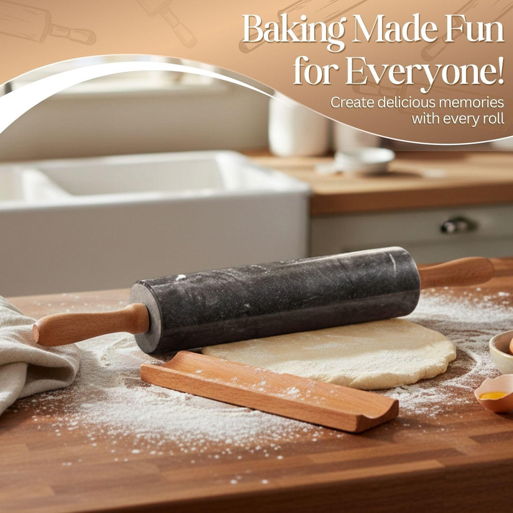 Marble Rolling Pin Heavy Nonstick Stone Dough Roller - 10 Inch Polished Barrel with Wooden Handles & Cradle Stand for Baking Pastry Bread Pizza Cookies Pie Crust Pasta Tortillas (Black)