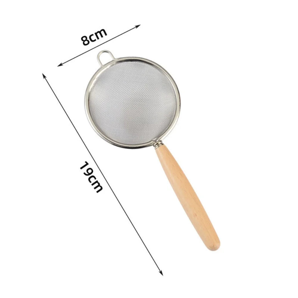 1/3Pcs Stainless Steel Colander with Wooden Long Handle Hanging Ear Kitchen Strainer Filter Fine Mesh Sieve Sifter Kitchen Tools