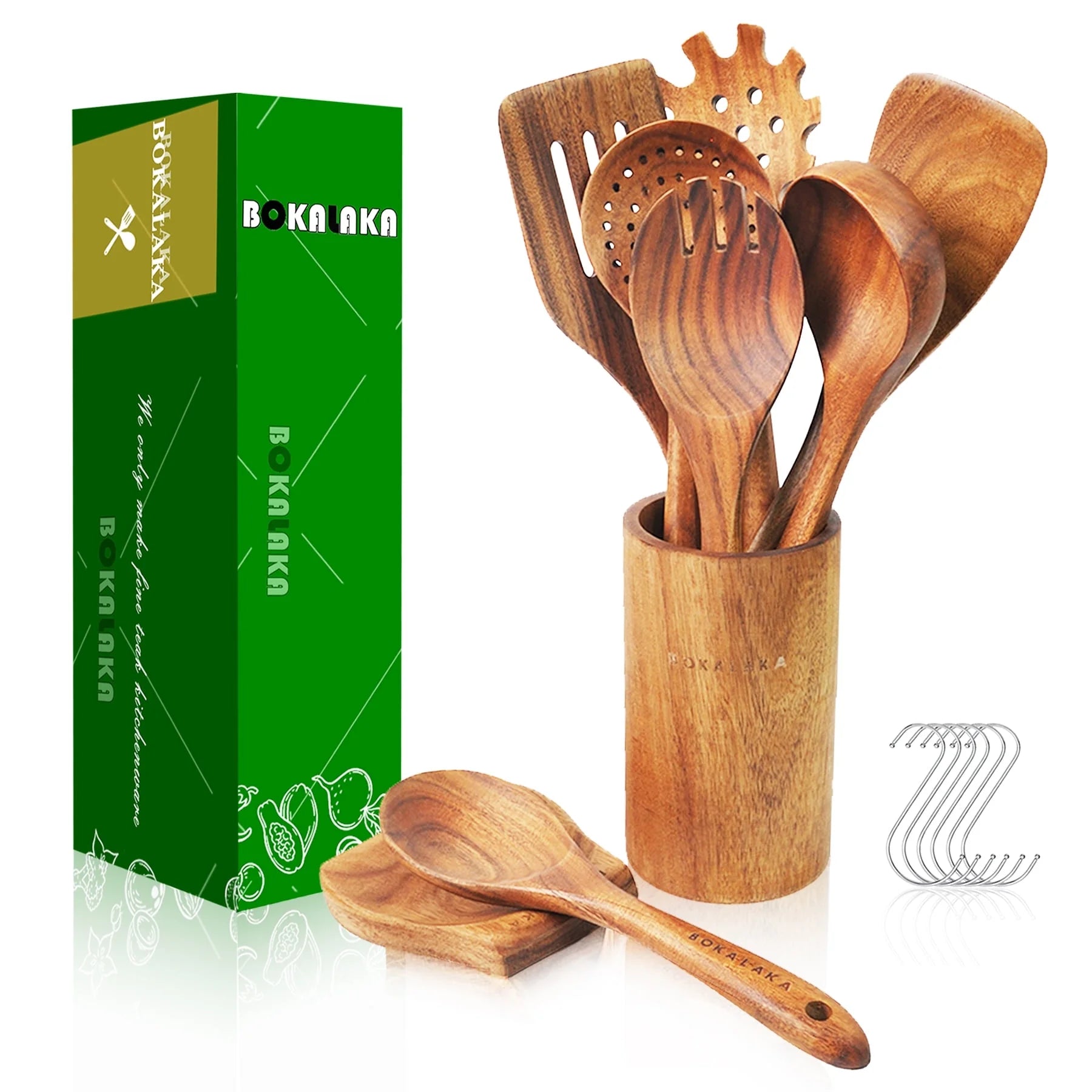 ​9-Piece Wooden Spoons for Cooking-Comfort-Grip Wooden Utensils for Cooking-Smooth Finish Wooden Cooking Utensils with Utensils Holder-Wooden Kitchen Utensil Set with Spoon Rest & Hooks
