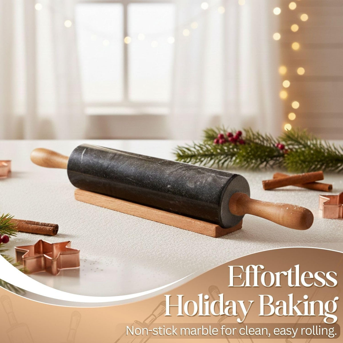 Marble Rolling Pin Heavy Nonstick Stone Dough Roller - 10 Inch Polished Barrel with Wooden Handles & Cradle Stand for Baking Pastry Bread Pizza Cookies Pie Crust Pasta Tortillas (Black)