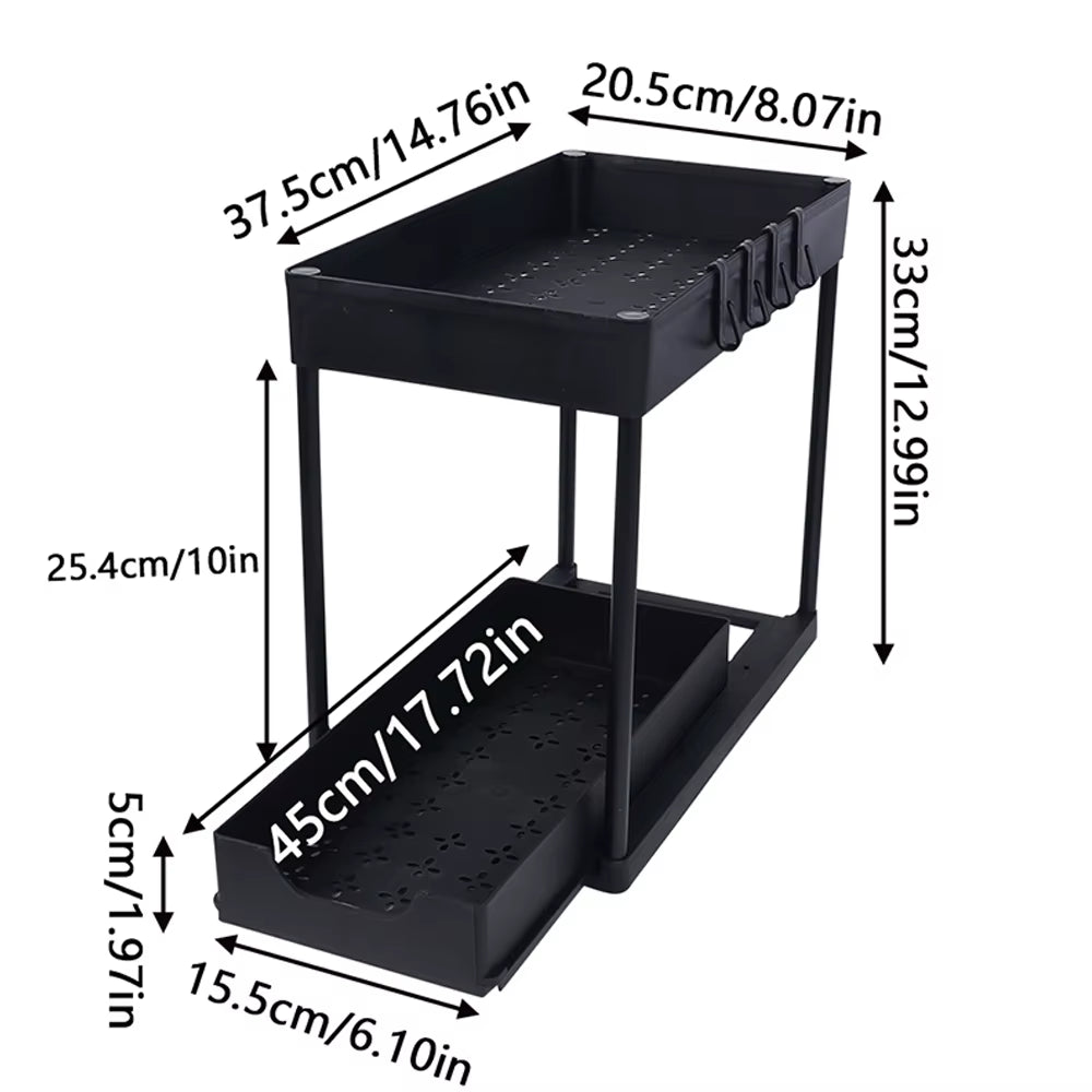 Under Sink Organizer Storage with Hooks 2-Tier Sliding Cabinet Basket Organizer Pull Out Sliding Drawer for Bathroom Kitchen