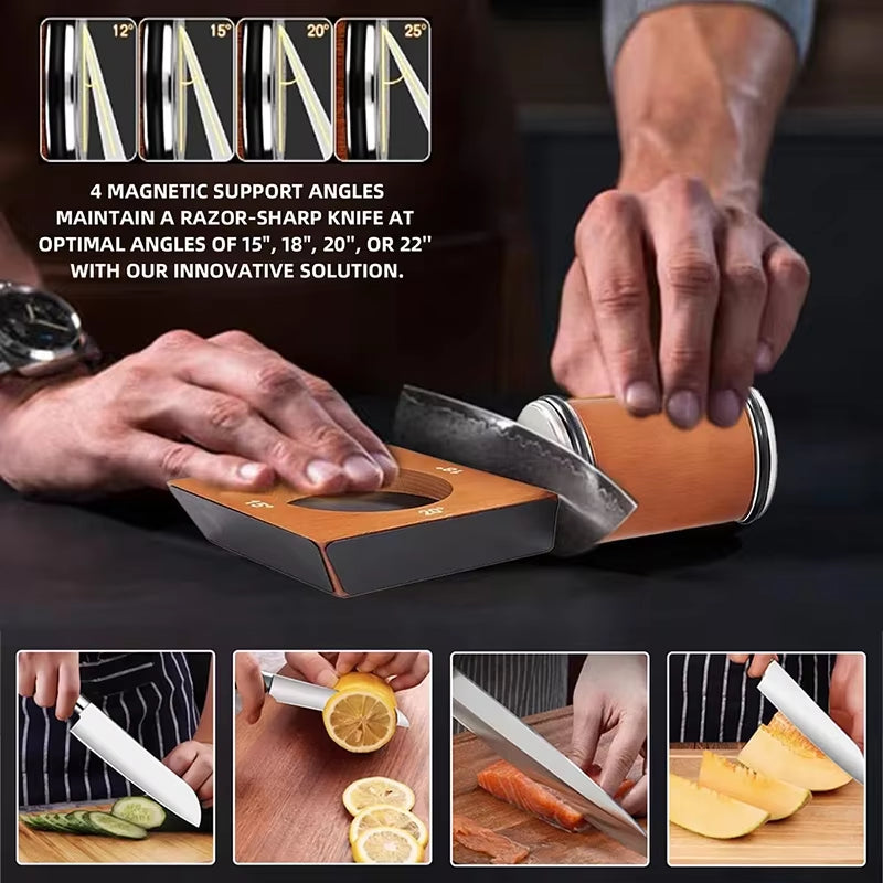 New Wooden【4 Angle】Rolling Knife Sharpener Kit for Straight Edge Roller Knife Sharpening with Industry Diamonds Chef Knife Set