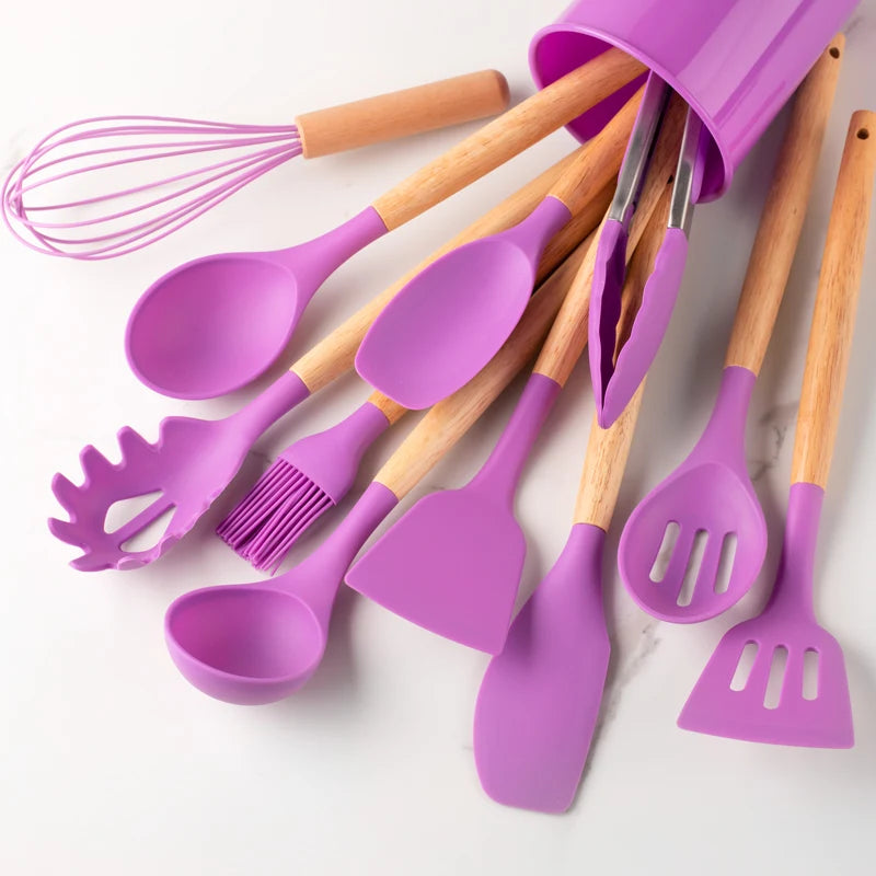 12Pcs, Silicone Utensil Set, Khaki Kitchen Utensil Set with Wooden Handle, Safety Cooking Utensils Set, Non-Stick Kitchen Tools