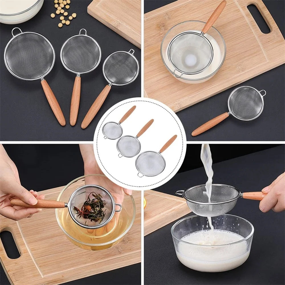 1/3Pcs Stainless Steel Colander with Wooden Long Handle Hanging Ear Kitchen Strainer Filter Fine Mesh Sieve Sifter Kitchen Tools