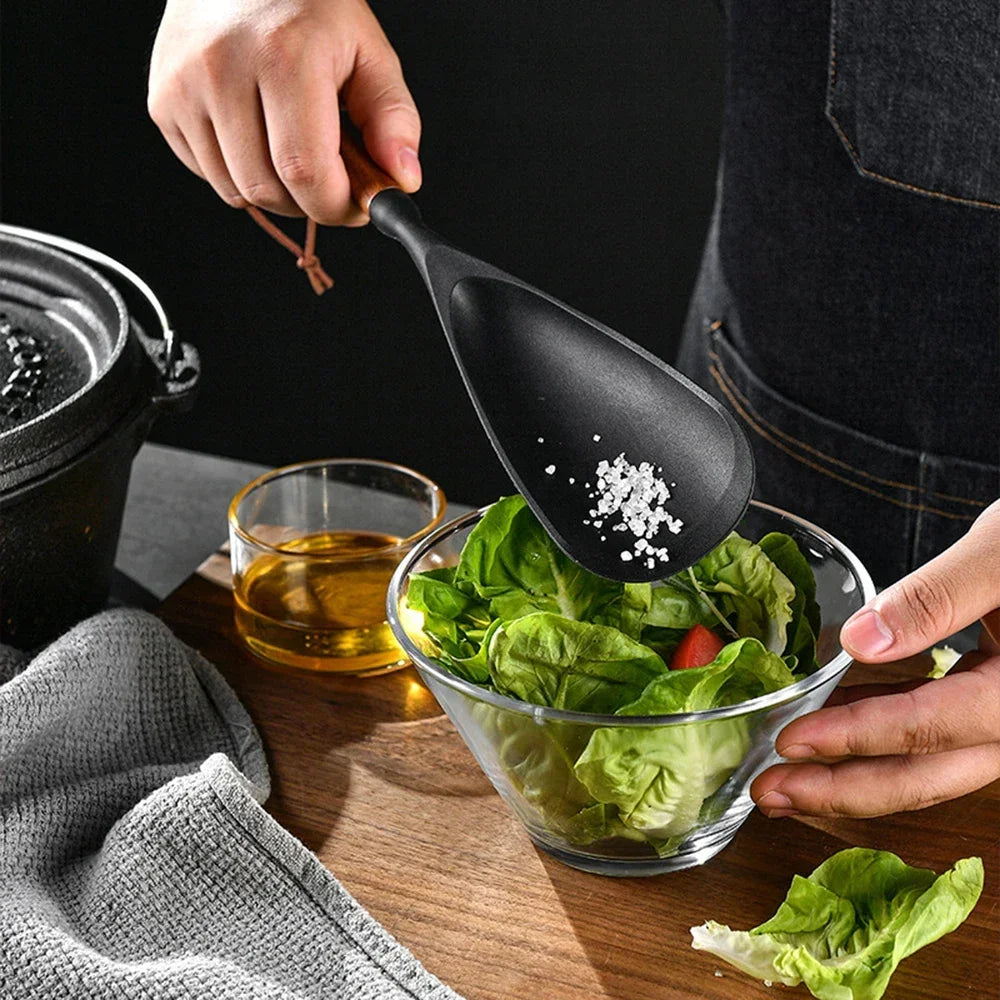 7Pcs Black Silicone Wooden Handle Cooking Tool Non-Stick Kitchen Utensils Silicone Spatula Baking Kitchen Utensils Tool