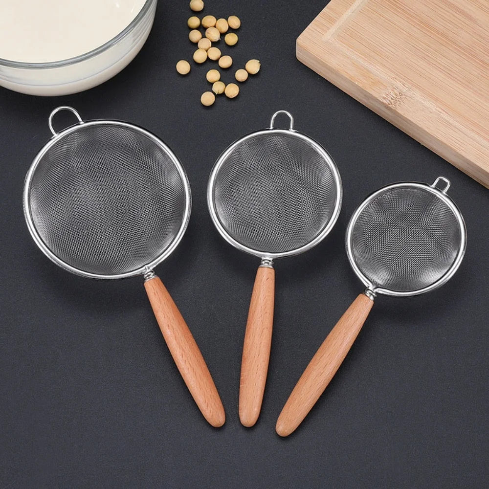 1/3Pcs Stainless Steel Colander with Wooden Long Handle Hanging Ear Kitchen Strainer Filter Fine Mesh Sieve Sifter Kitchen Tools