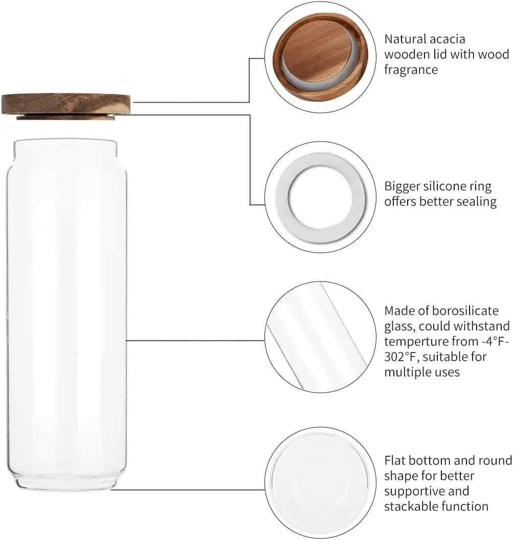 Glass Storage Jars with Wood Lid [Set of 3], 34OZ Airtight Food Containers Stackable for Coffee Beans/ Nuts/ Pasta/Cookie
