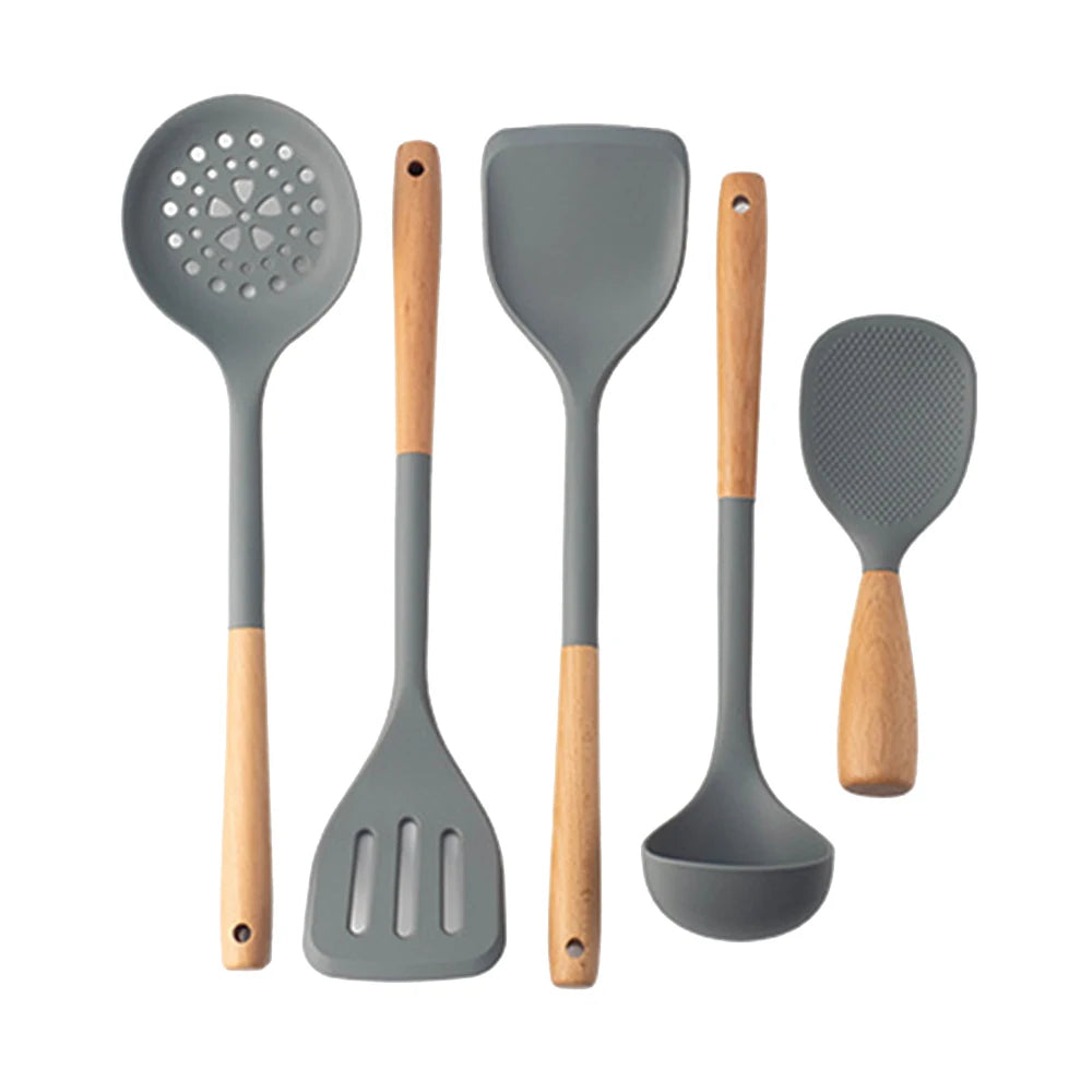 5Pcs Green Non-Stick Silicone Wooden Handle Kitchen Utensils Kitchen Utensils Silicone Cooking Spatula Baking Storage Tool