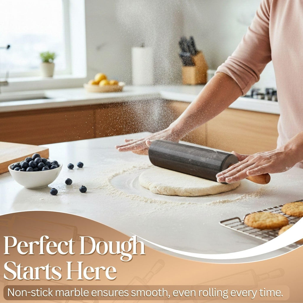 Marble Rolling Pin Heavy Nonstick Stone Dough Roller - 10 Inch Polished Barrel with Wooden Handles & Cradle Stand for Baking Pastry Bread Pizza Cookies Pie Crust Pasta Tortillas (Black)