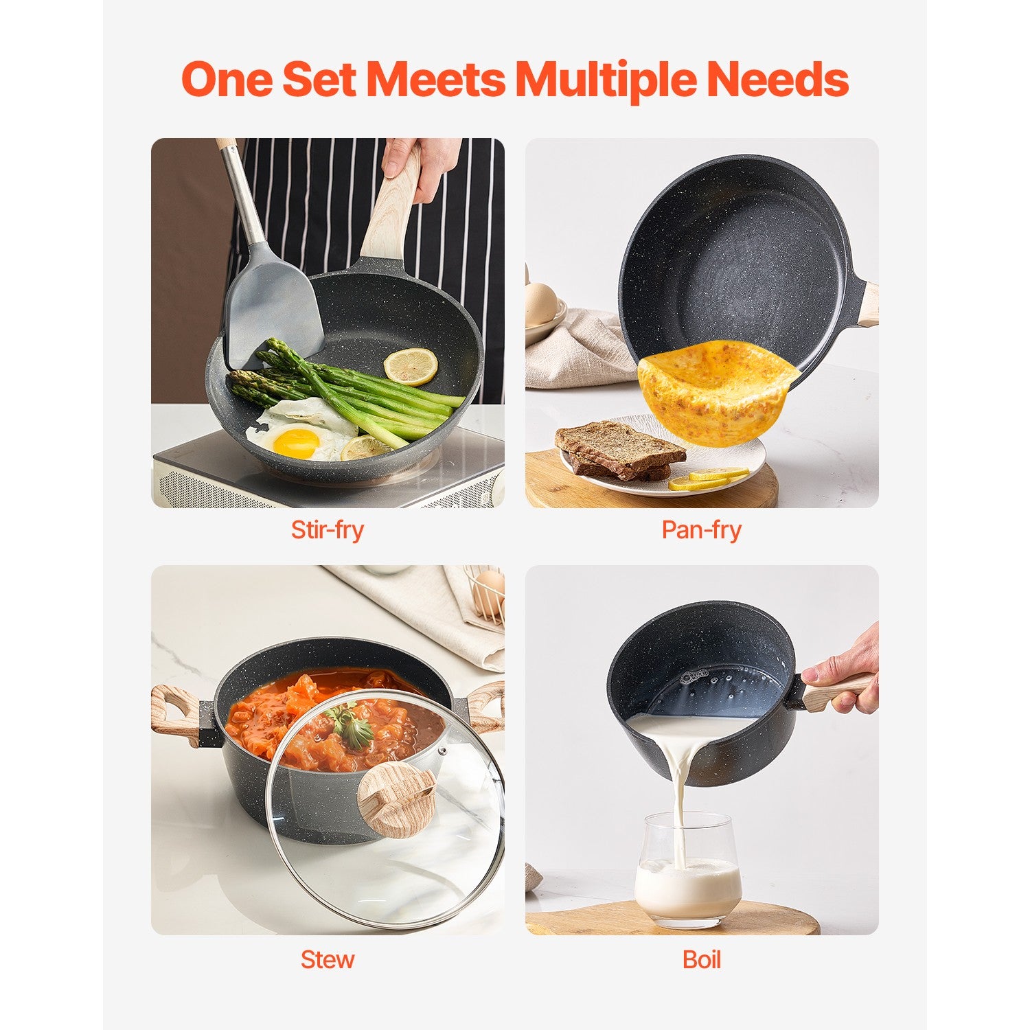 17 Pieces Kitchen Pots & Pans Set Granite Nonstick Cookware Set with Lids