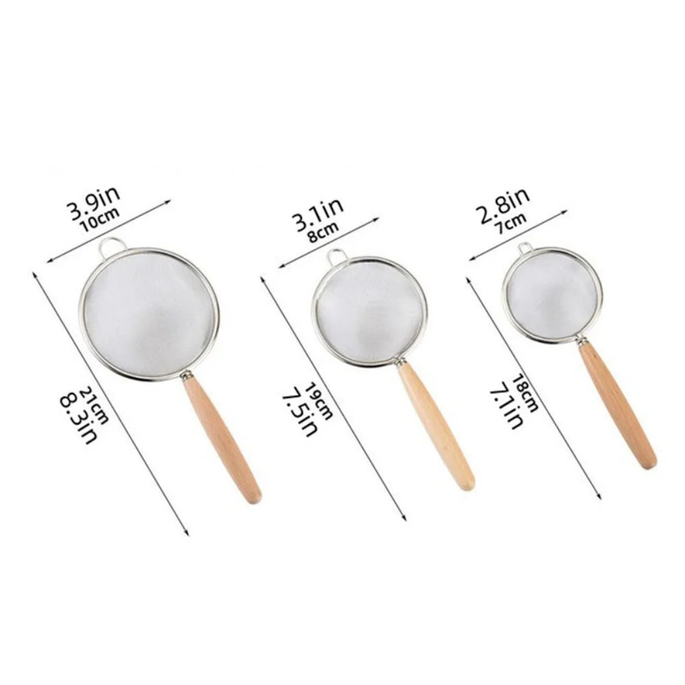 1/3Pcs Stainless Steel Colander with Wooden Long Handle Hanging Ear Kitchen Strainer Filter Fine Mesh Sieve Sifter Kitchen Tools