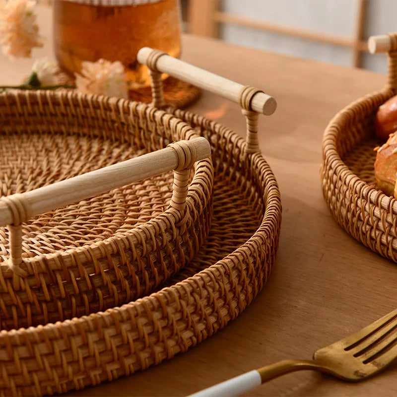 1PC Rattan Strap Handle Storage Basket Bread Snack Fruit Handwoven Tray Outdoor Coffee Afternoon Tea Picnic Kitchen Household