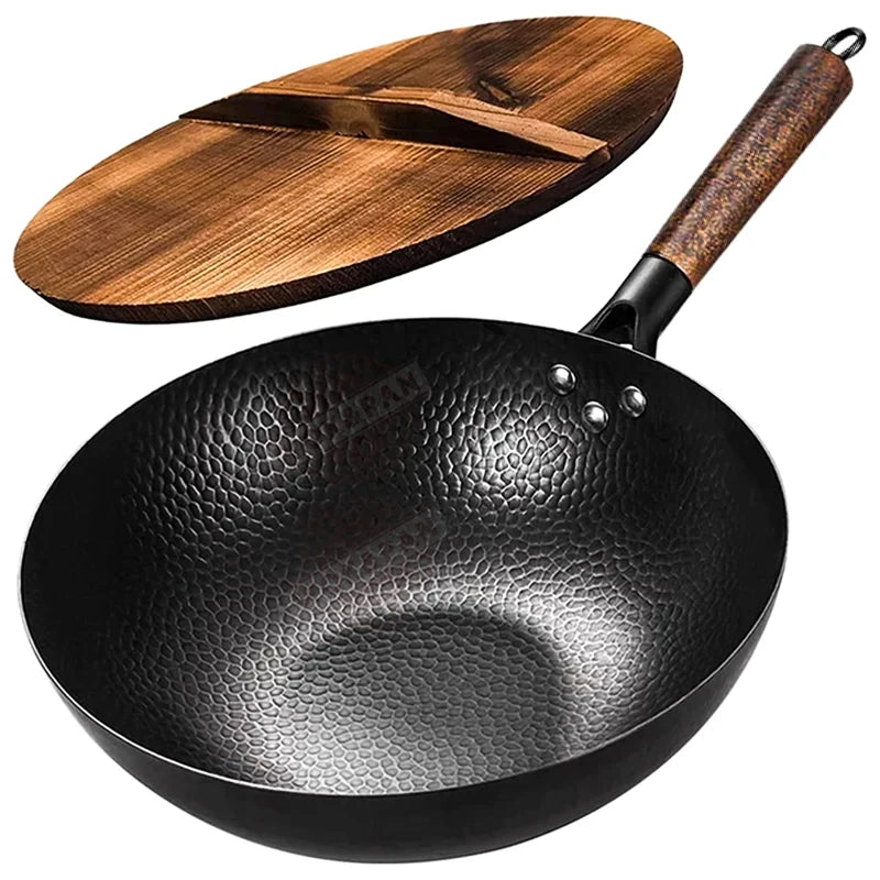 Carbon Steel Wok Pan 32Cm Stir-Fry Pans with Wooden Lid Uncoated Flat Bottom Chinese Pan for Induction Electric Gas All Stoves