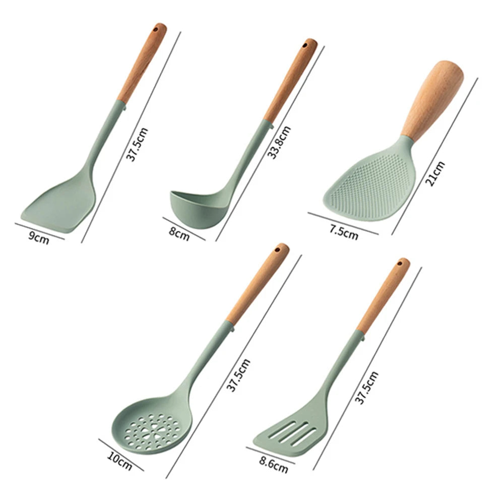5Pcs Green Non-Stick Silicone Wooden Handle Kitchen Utensils Kitchen Utensils Silicone Cooking Spatula Baking Storage Tool