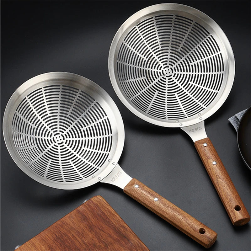 Super Large 304 Stainless Steel Colander Kitchen Oil Drainer Flying Basket Filter Tood Wood Handle Kitchenware Noodle Spoons