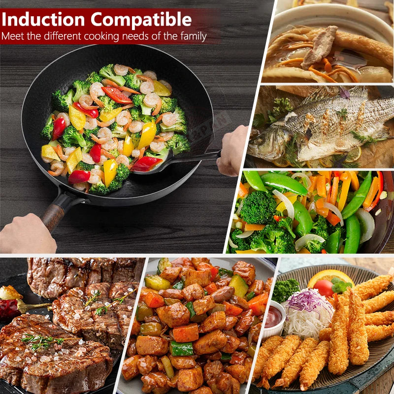 Carbon Steel Wok Pan 32Cm Stir-Fry Pans with Wooden Lid Uncoated Flat Bottom Chinese Pan for Induction Electric Gas All Stoves