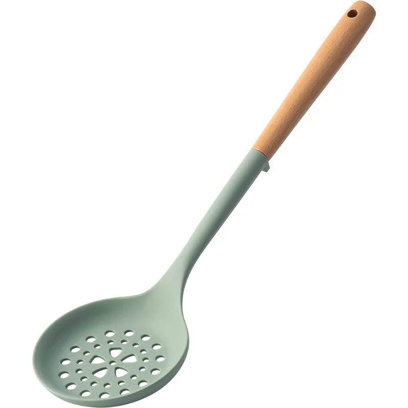 5Pcs Green Non-Stick Silicone Wooden Handle Kitchen Utensils Kitchen Utensils Silicone Cooking Spatula Baking Storage Tool