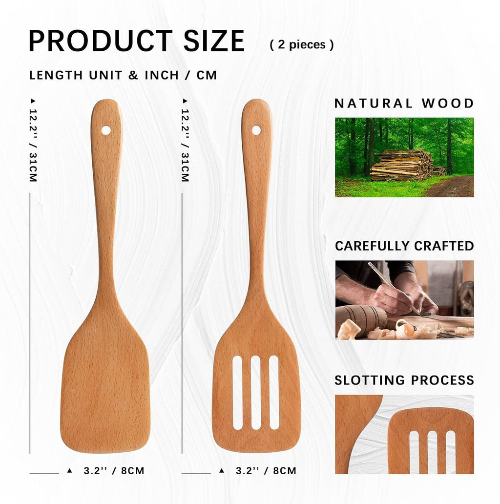 2PCS Wooden Spatulas for Cooking, 12 Inch Wood Spatulas Set with Flat Wood Spatula & Slotted Spatula – Beech Cooking Utensils for Nonstick Pans – Wooden Spoons for Cooking