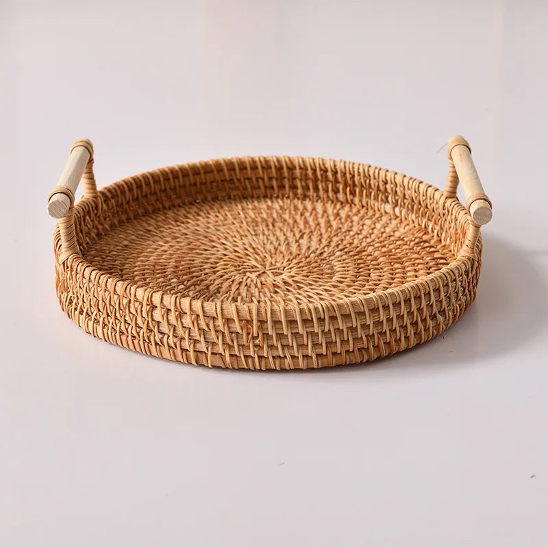 1PC Rattan Strap Handle Storage Basket Bread Snack Fruit Handwoven Tray Outdoor Coffee Afternoon Tea Picnic Kitchen Household