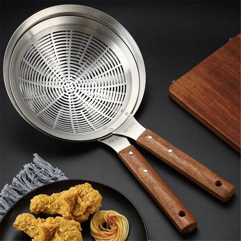 Super Large 304 Stainless Steel Colander Kitchen Oil Drainer Flying Basket Filter Tood Wood Handle Kitchenware Noodle Spoons