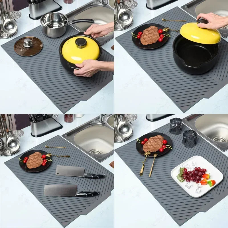S/L Silicone Draining Board Mat, Dish Drying Pad, Folding Heat Resistant Rectangle Eco-Friendly Drainer for Kitchen Pot Cup