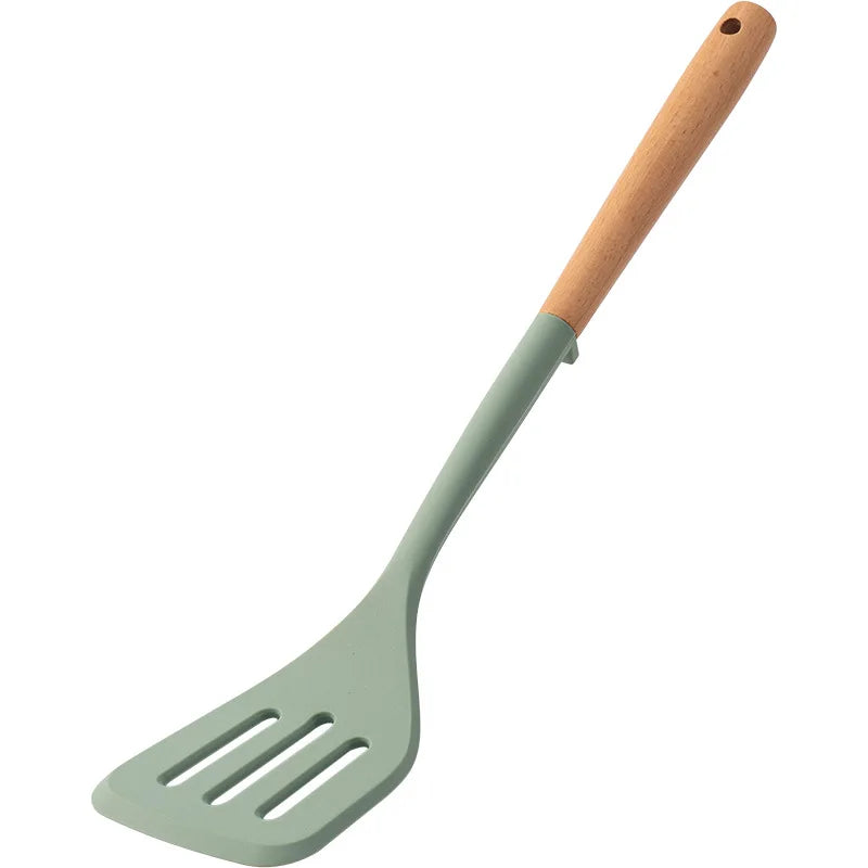 5Pcs Green Non-Stick Silicone Wooden Handle Kitchen Utensils Kitchen Utensils Silicone Cooking Spatula Baking Storage Tool