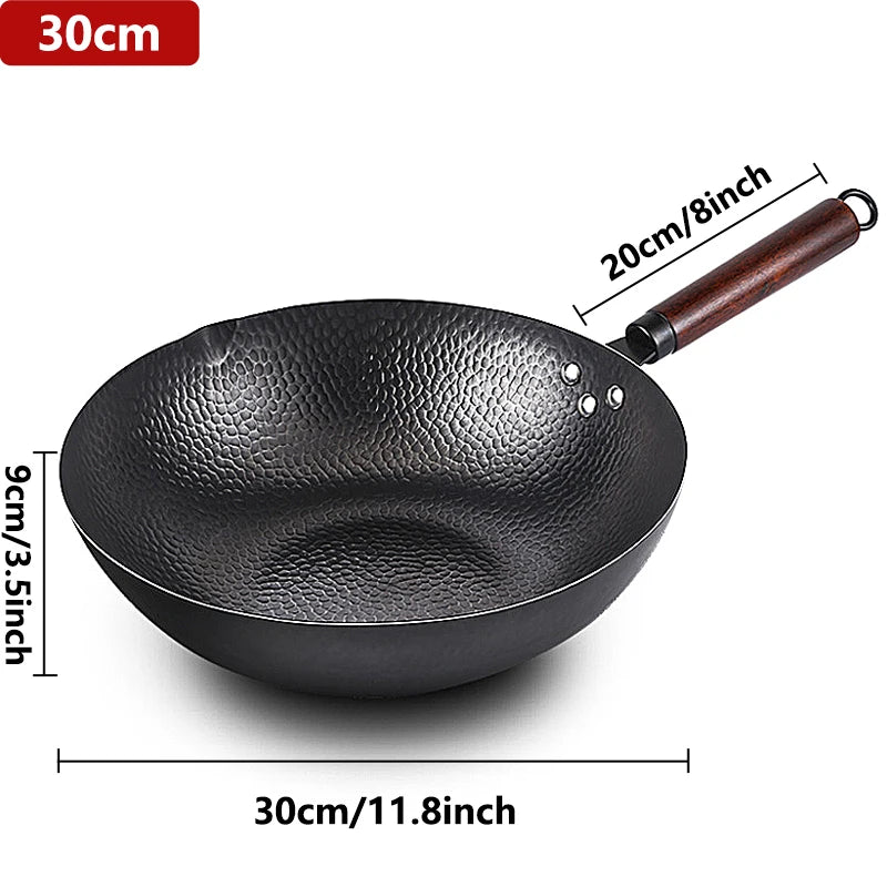 Carbon Steel Wok Pan 32Cm Stir-Fry Pans with Wooden Lid Uncoated Flat Bottom Chinese Pan for Induction Electric Gas All Stoves
