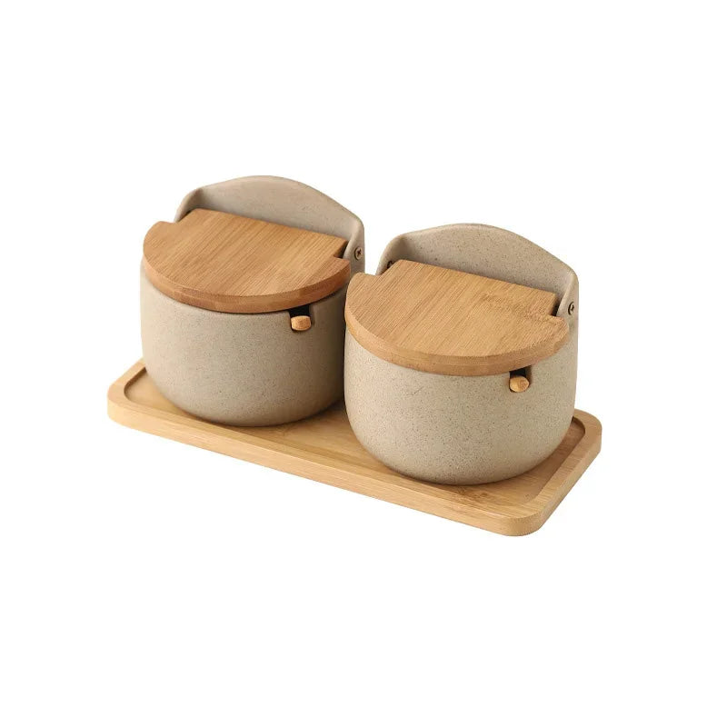 Japanese Style Ceramic Seasoning Jar Bamboo Lid Spice Jar with Spoon Kitchen Sugar Salt Spices Storage Box Household Container