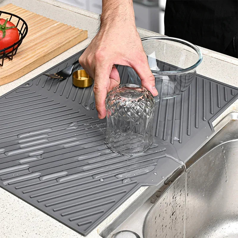 S/L Silicone Draining Board Mat, Dish Drying Pad, Folding Heat Resistant Rectangle Eco-Friendly Drainer for Kitchen Pot Cup