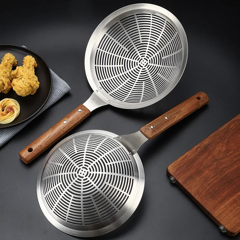 Super Large 304 Stainless Steel Colander Kitchen Oil Drainer Flying Basket Filter Tood Wood Handle Kitchenware Noodle Spoons