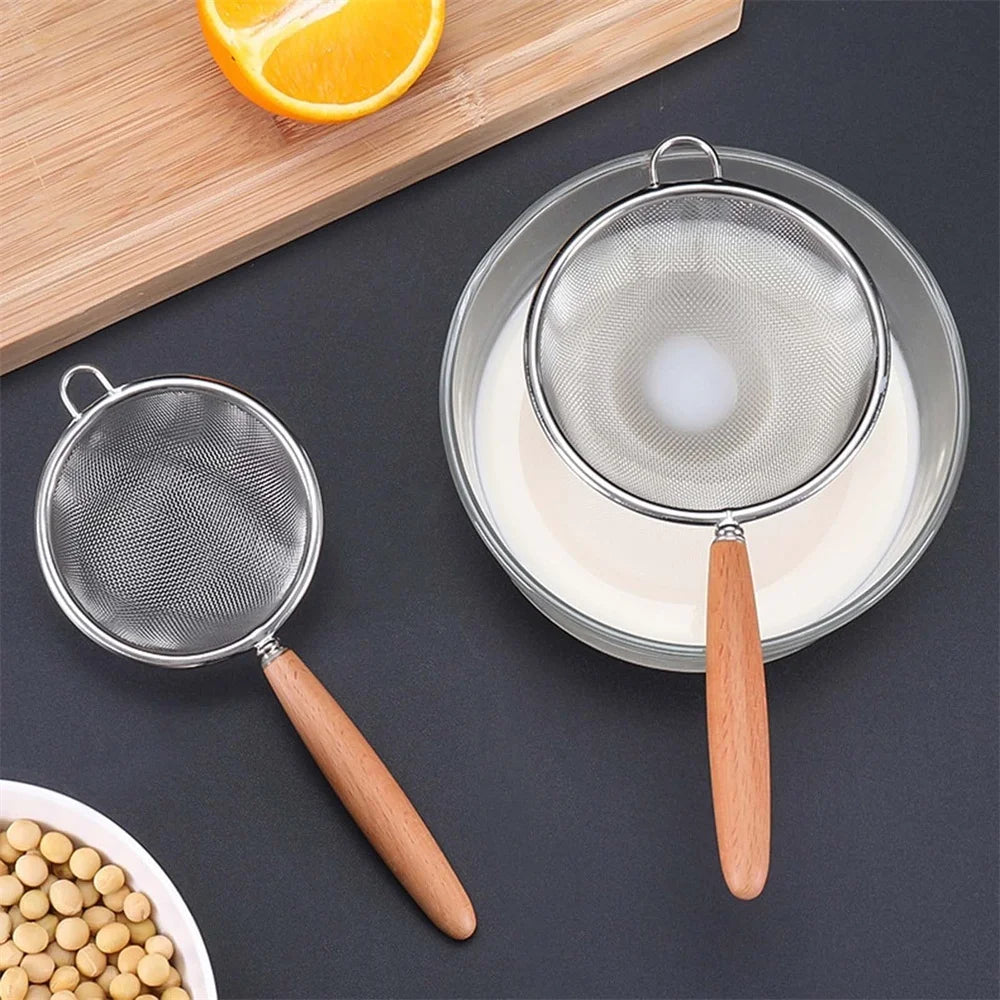 1/3Pcs Stainless Steel Colander with Wooden Long Handle Hanging Ear Kitchen Strainer Filter Fine Mesh Sieve Sifter Kitchen Tools