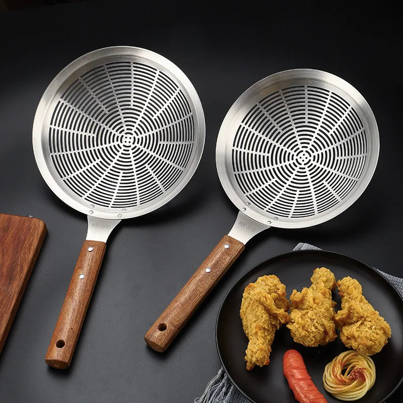 Super Large 304 Stainless Steel Colander Kitchen Oil Drainer Flying Basket Filter Tood Wood Handle Kitchenware Noodle Spoons