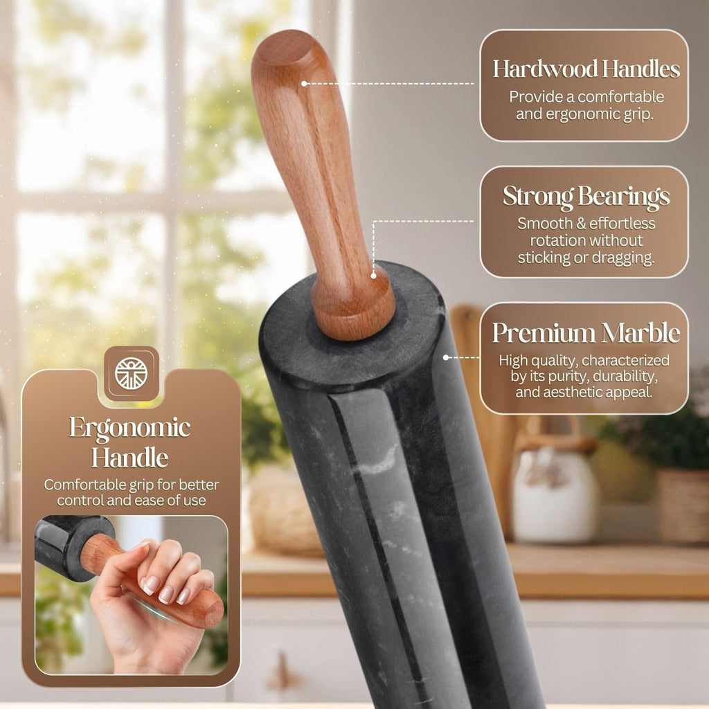 Marble Rolling Pin Heavy Nonstick Stone Dough Roller - 10 Inch Polished Barrel with Wooden Handles & Cradle Stand for Baking Pastry Bread Pizza Cookies Pie Crust Pasta Tortillas (Black)