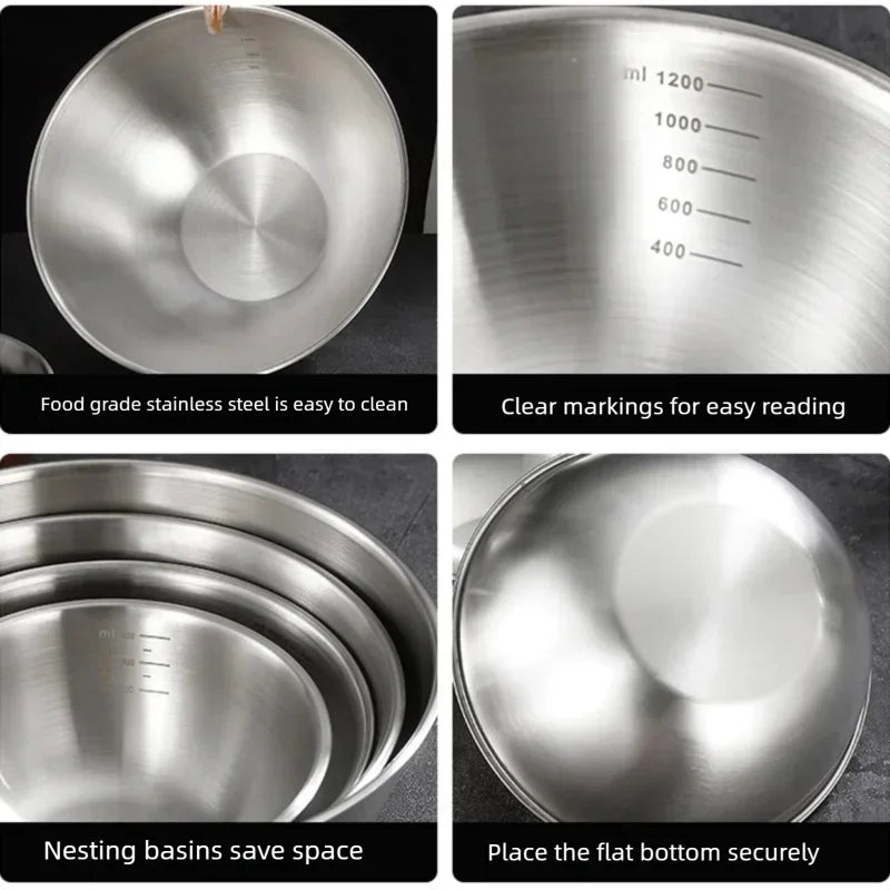 3PCS Stainless Steel Mixing Bowl Set - Kitchen Essentials with Measurement Marks Durable Kitchen Baking Cooking Salad Bowls Set