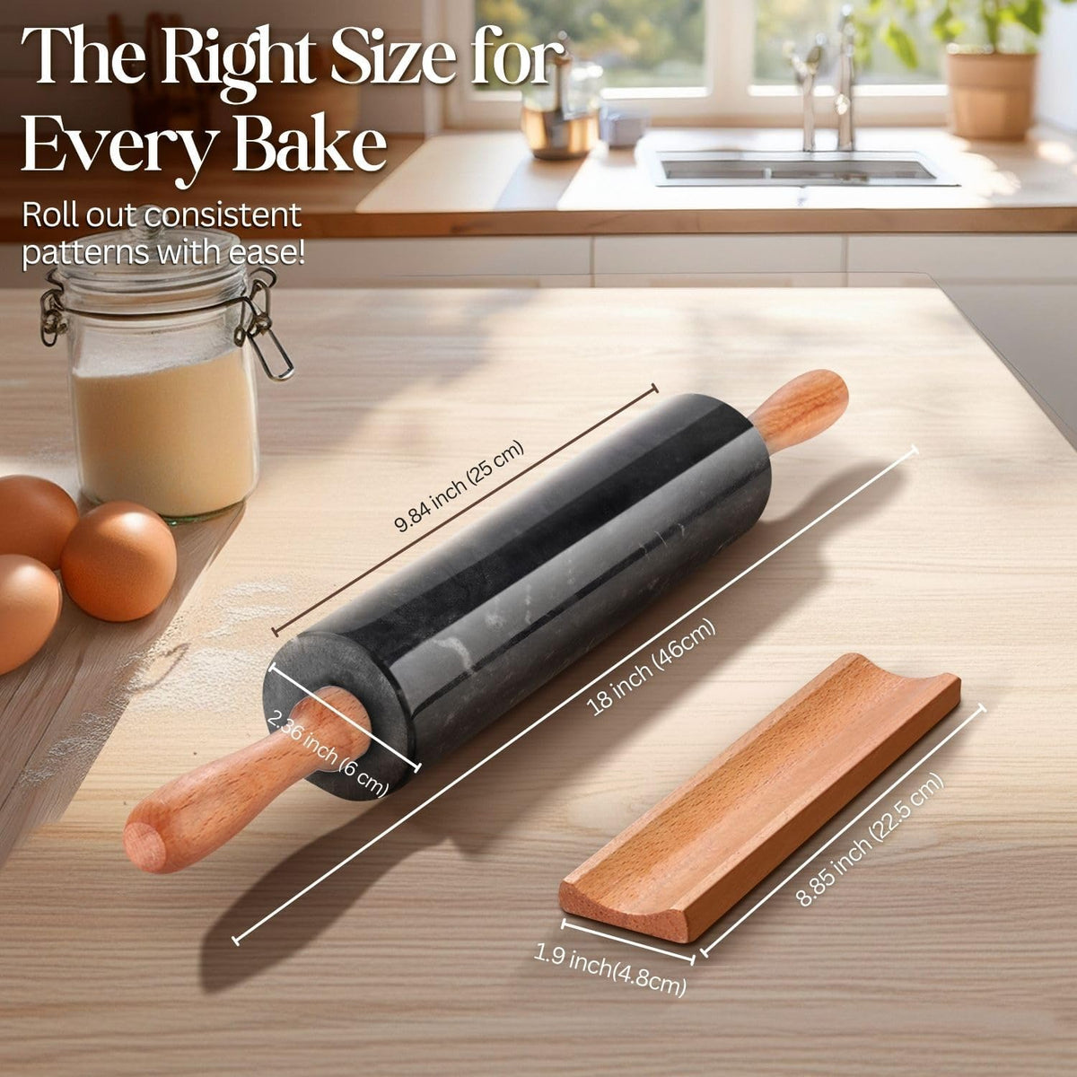 Marble Rolling Pin Heavy Nonstick Stone Dough Roller - 10 Inch Polished Barrel with Wooden Handles & Cradle Stand for Baking Pastry Bread Pizza Cookies Pie Crust Pasta Tortillas (Black)