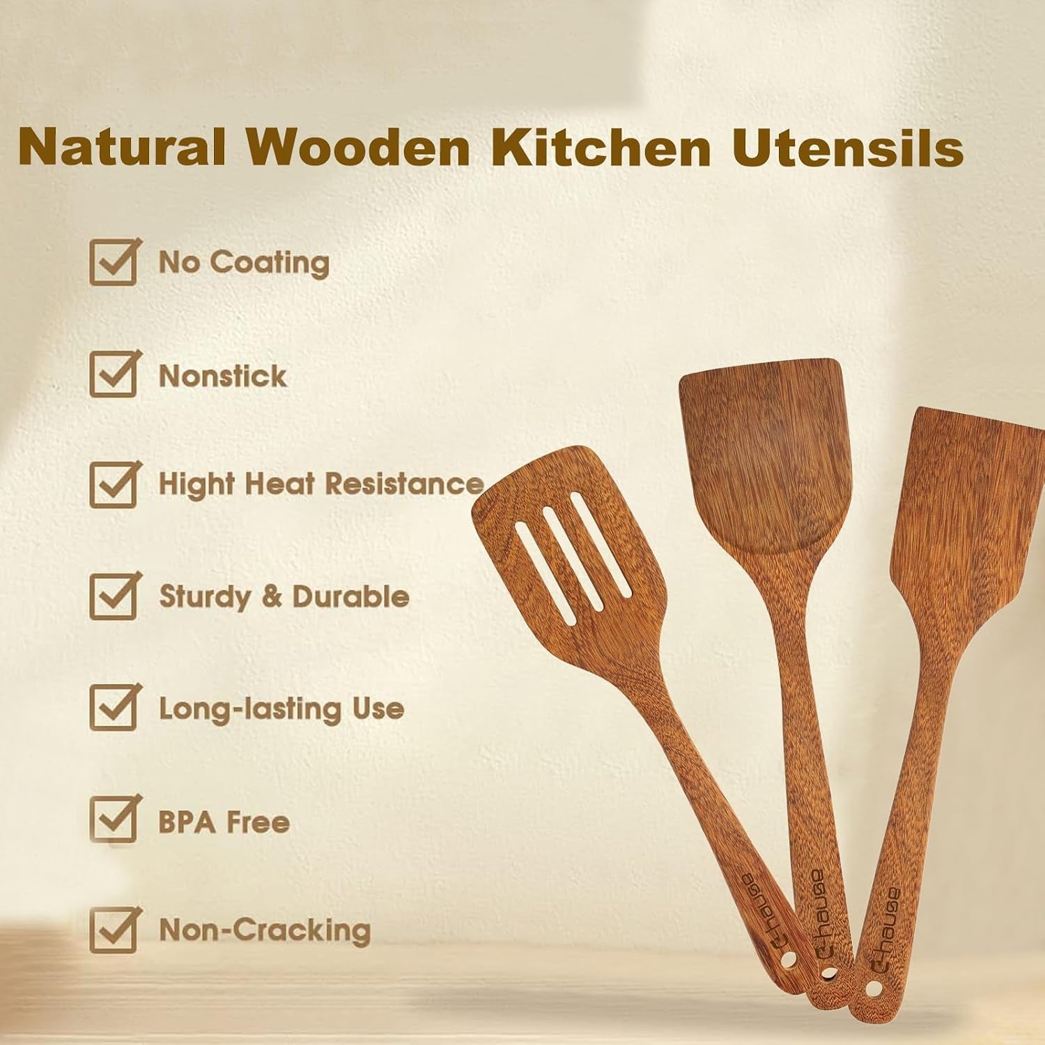 3Pcs Wood Spatulas Set Natural Wood Cooking Spoon Wooden Solid Turner Non-Stick Slotted Kitchen Utensils Wooden Spoons for Cooking Heat Resistant Non-Scratch Spoon Set