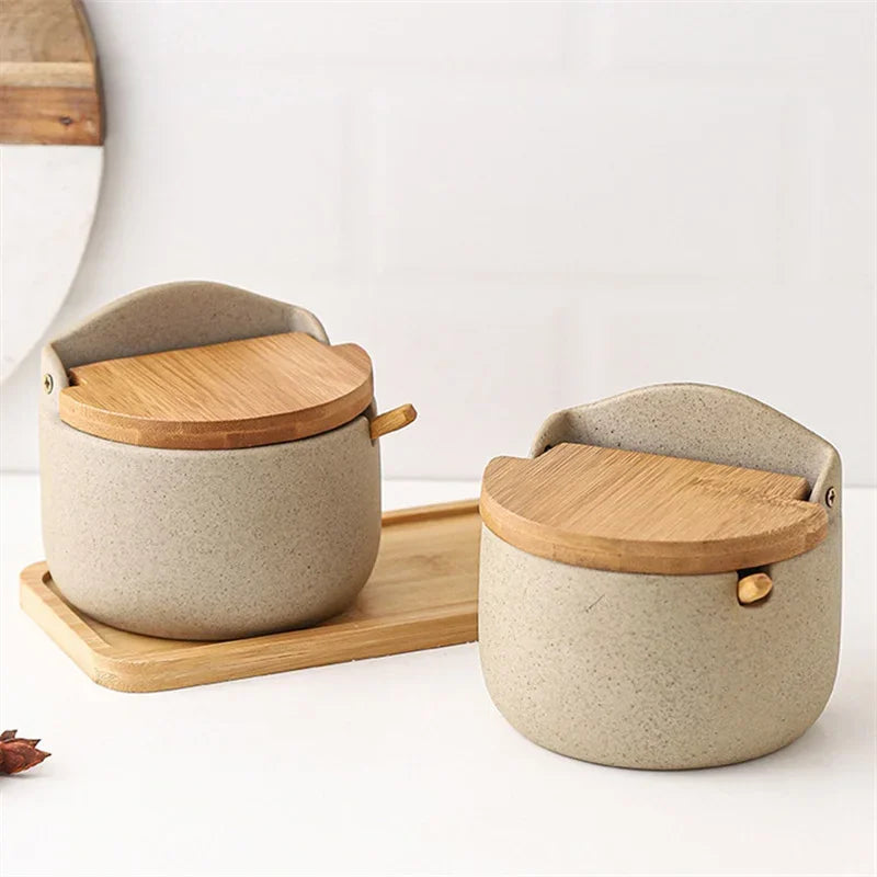 Japanese Style Ceramic Seasoning Jar Bamboo Lid Spice Jar with Spoon Kitchen Sugar Salt Spices Storage Box Household Container