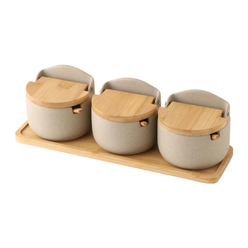 Japanese Style Ceramic Seasoning Jar Bamboo Lid Spice Jar with Spoon Kitchen Sugar Salt Spices Storage Box Household Container