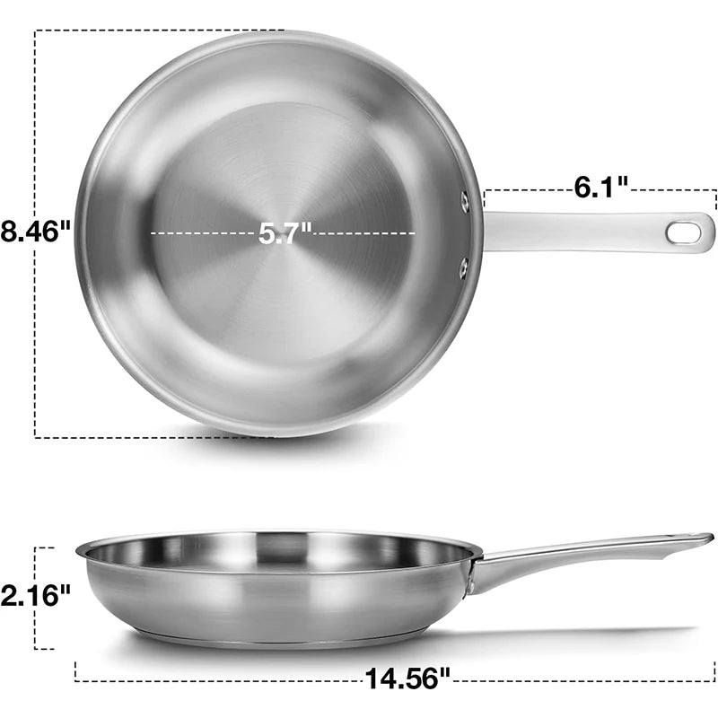 8/10Inch Frying Pan Stainless Steel Steak Skillet with Tri-Ply Bottom Low-Smoke Saucepan for Universal Stoves