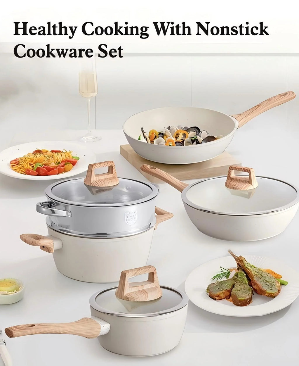 12 Pcs Pots and Pans Set, Granite Nonstick Cookware Sets, Kitchen Cooking Set with Detachable Handle, White