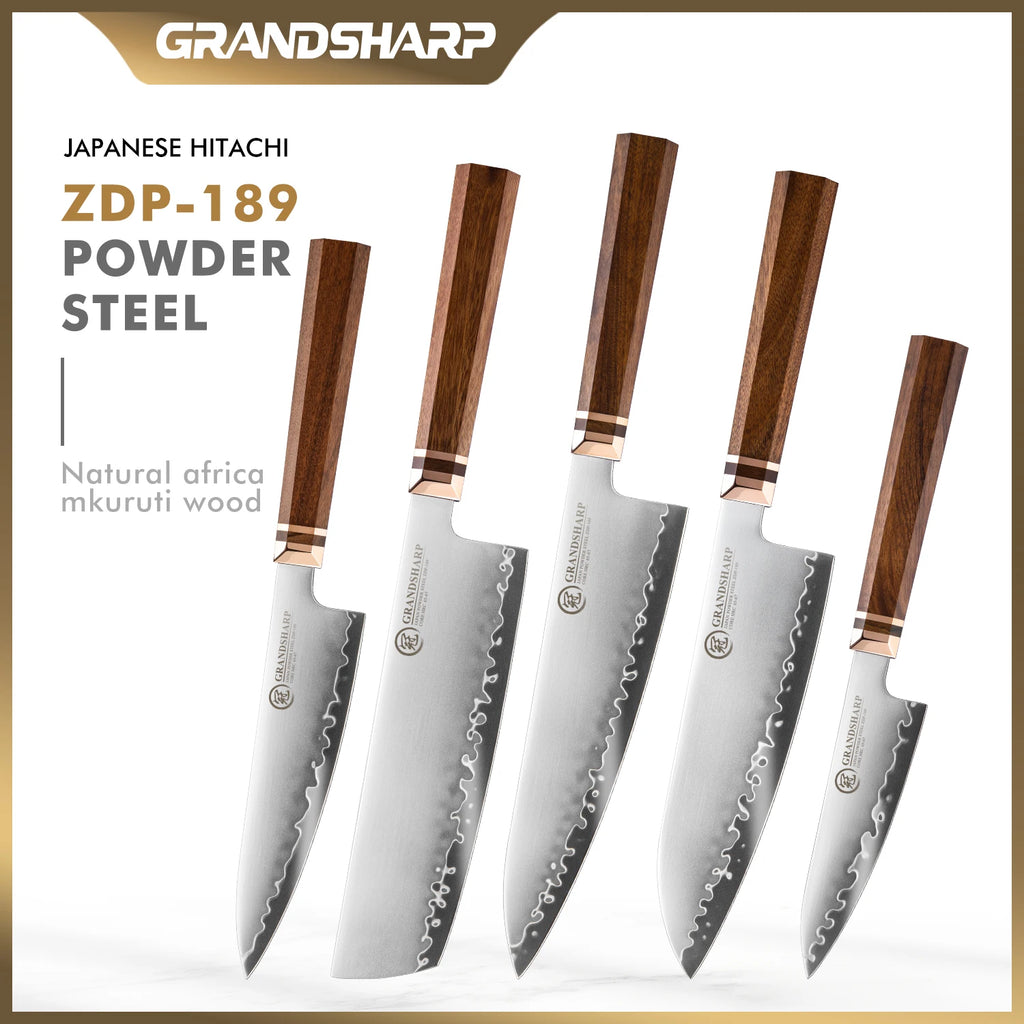 1-5Pcs Kitchen Knife Set ZDP-189 Steel Core 3 Layer Composite Africa Mkuruti Wood&Brass Handle 1-5Pcs Knife Set