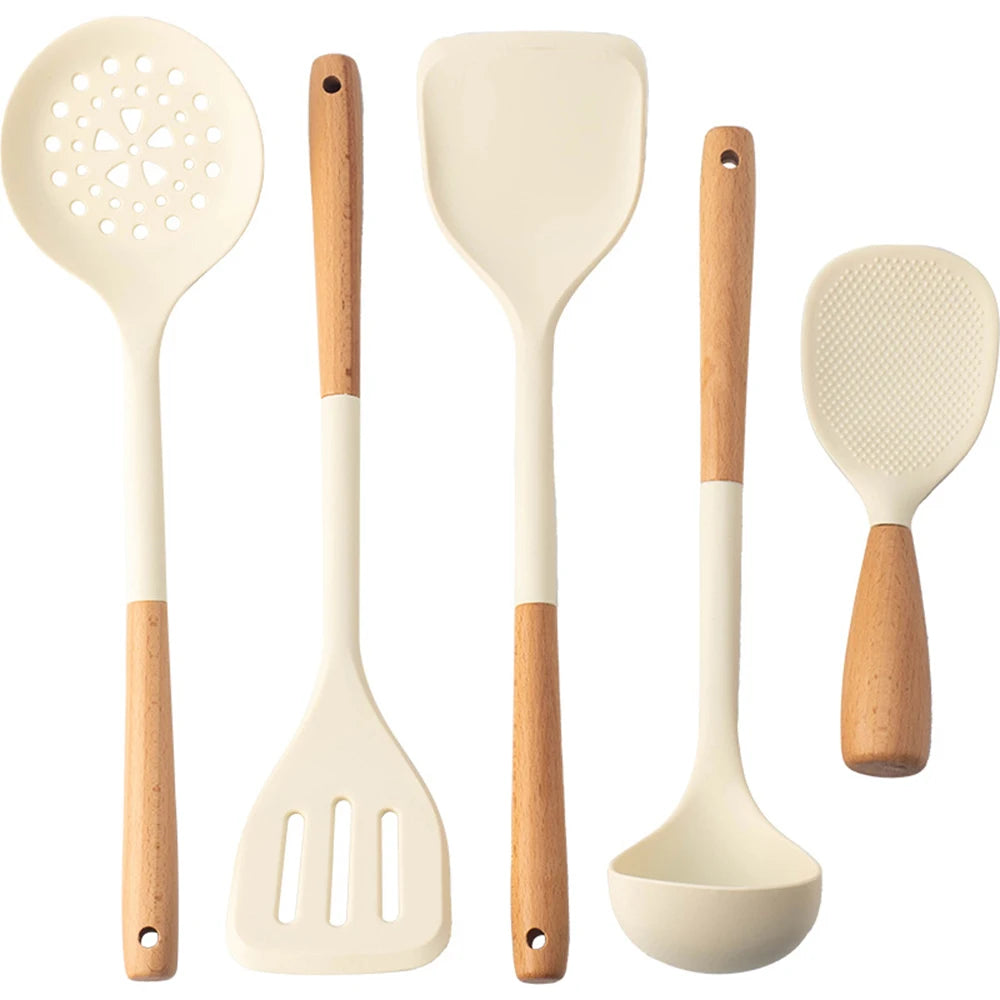 5Pcs Green Non-Stick Silicone Wooden Handle Kitchen Utensils Kitchen Utensils Silicone Cooking Spatula Baking Storage Tool