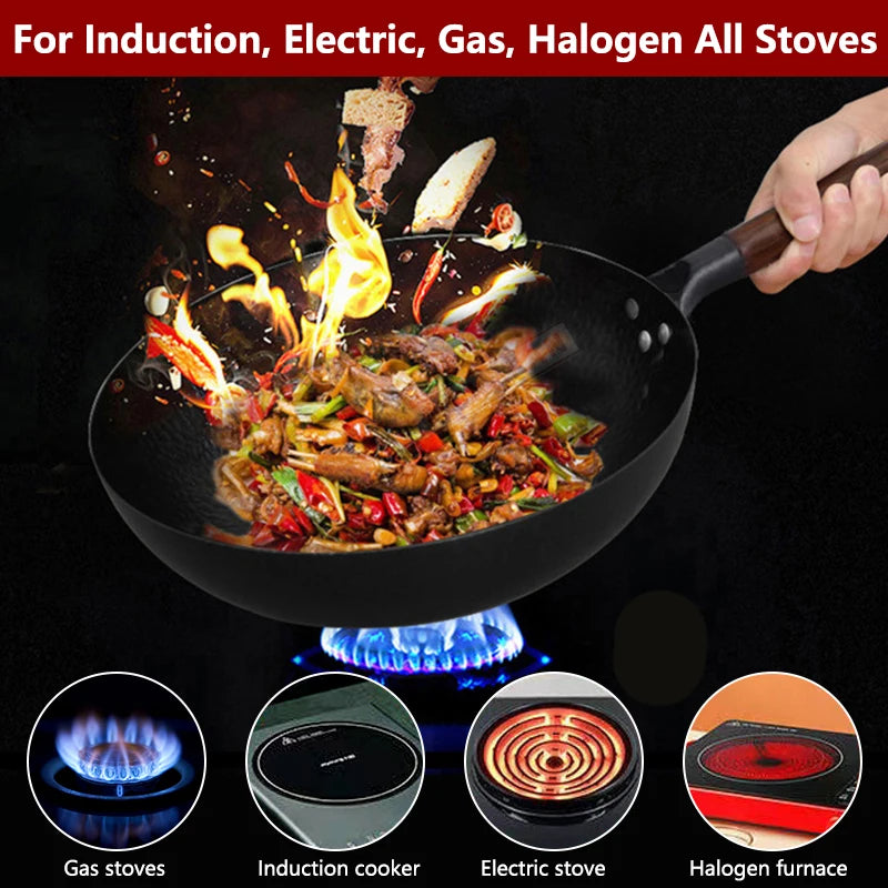 Carbon Steel Wok Pan 32Cm Stir-Fry Pans with Wooden Lid Uncoated Flat Bottom Chinese Pan for Induction Electric Gas All Stoves
