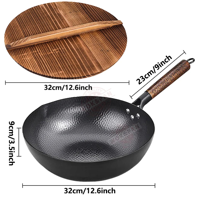 Carbon Steel Wok Pan 32Cm Stir-Fry Pans with Wooden Lid Uncoated Flat Bottom Chinese Pan for Induction Electric Gas All Stoves