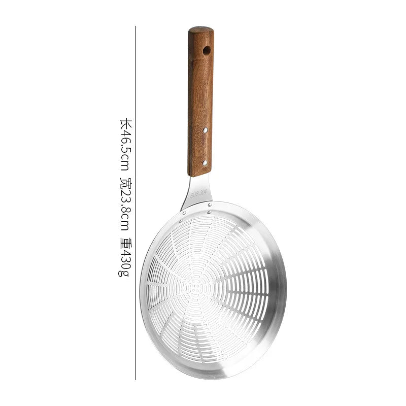 Super Large 304 Stainless Steel Colander Kitchen Oil Drainer Flying Basket Filter Tood Wood Handle Kitchenware Noodle Spoons