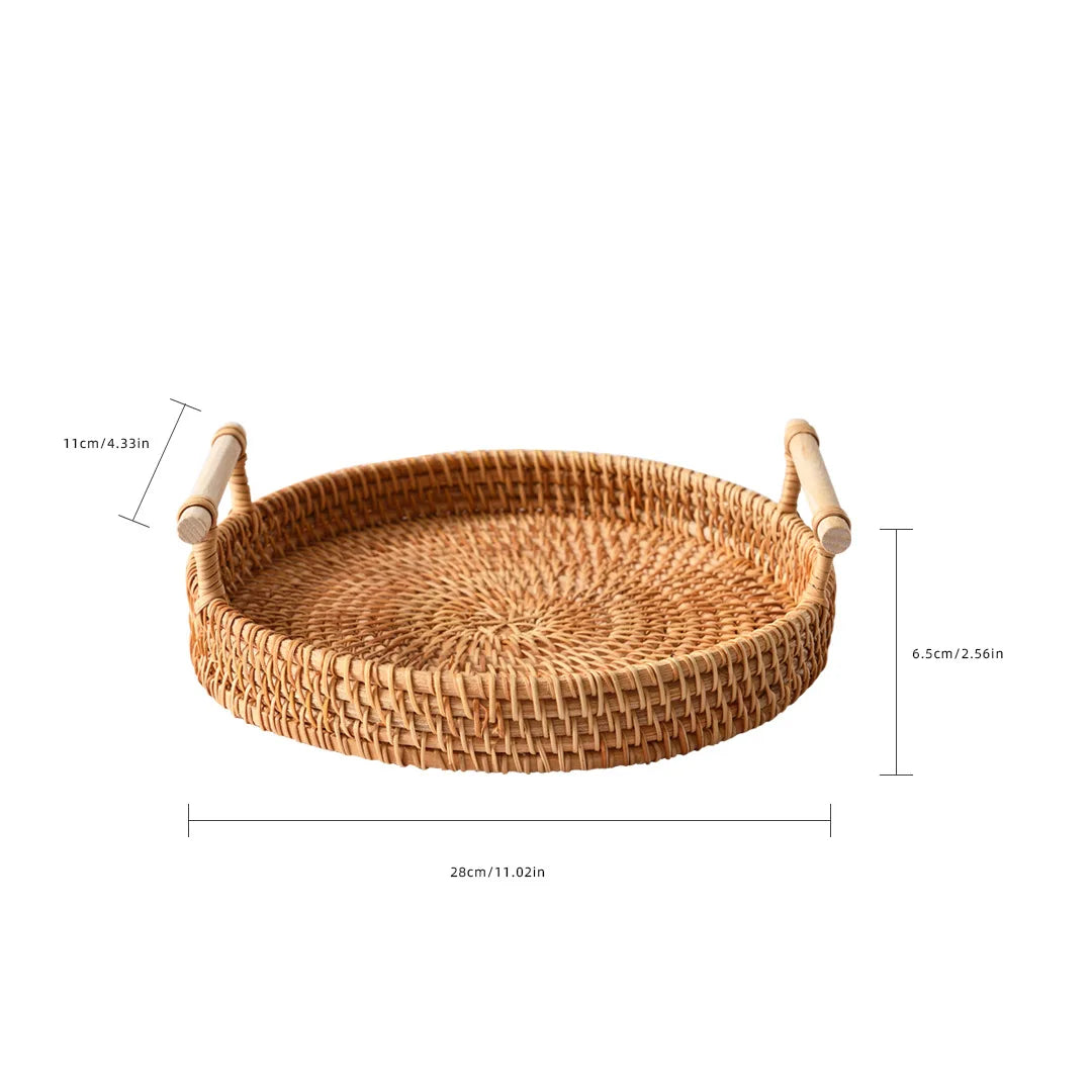 1PC Rattan Strap Handle Storage Basket Bread Snack Fruit Handwoven Tray Outdoor Coffee Afternoon Tea Picnic Kitchen Household