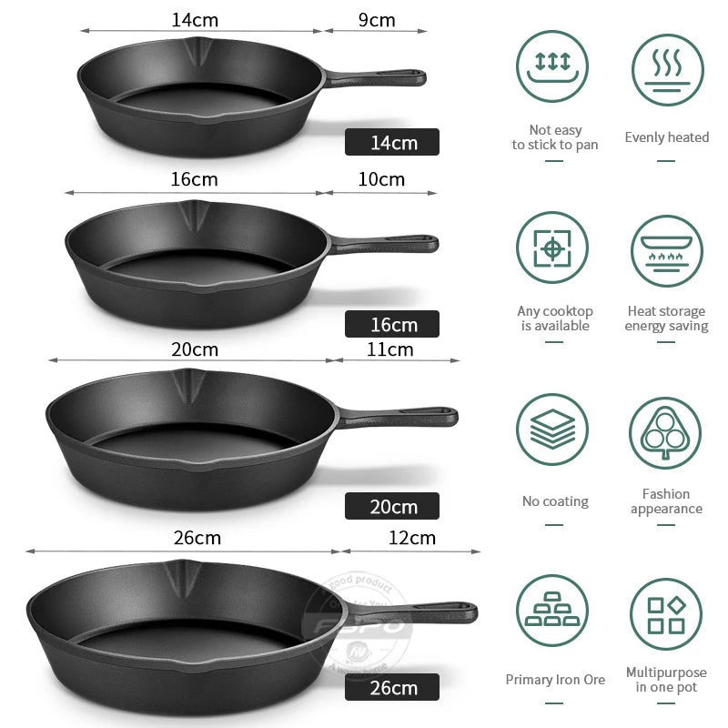 Cast Iron Frying Pan,14/16/20Cm Non-Stick Skillet Kitchen Fry Pot Breakfast Pan Omelette Pancake Pot Induction Cooking Cookware